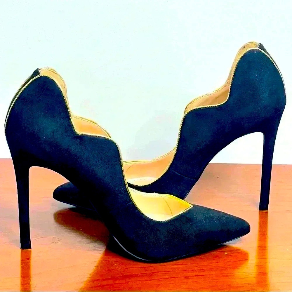 LEMON DROP BY PRIVILEGED BLACK HEELS GOLD TRIM SIZE 8.5 - Picture 4 of 15